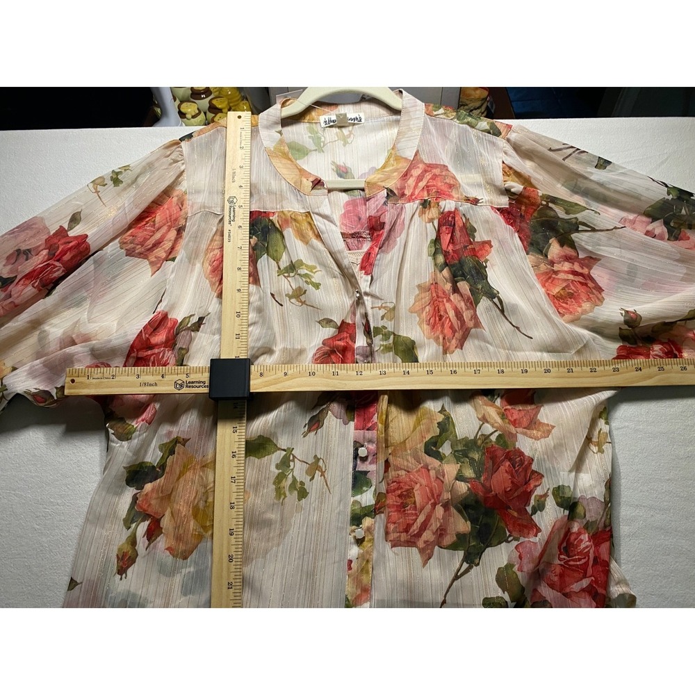 Hope Springs Rose Floral Blouse Metallic Stripe Button Front XL NWT - Picture 7 of 7